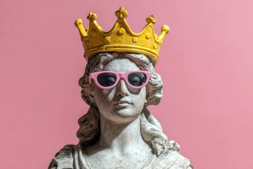 Unique statue adorned with a golden crown and pink sunglasses against a vibrant pink background