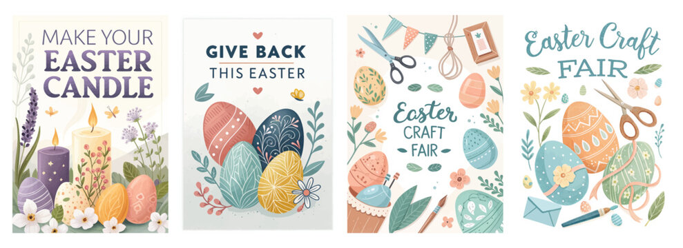 Set of four posters with vibrant Easter illustrations and crafting tools