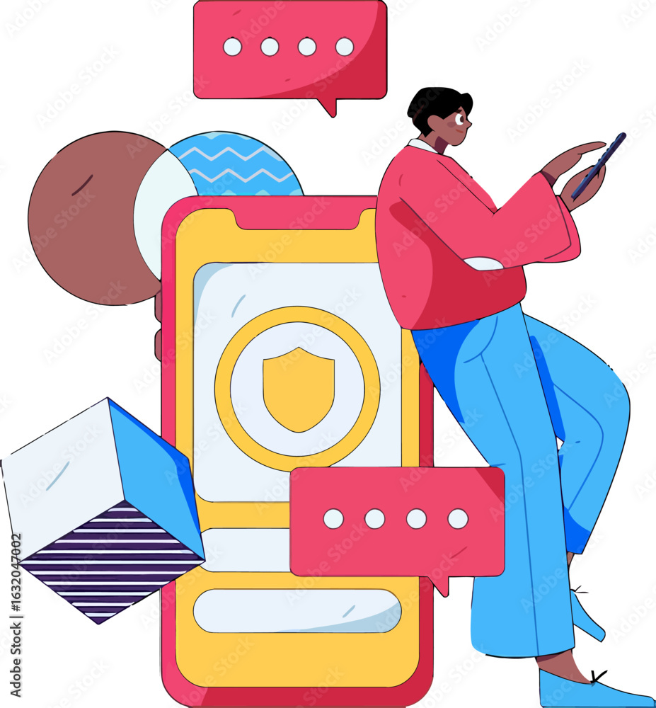Poster modern illustration of a person using a secure mobile app for communication, perfect for showcasing 