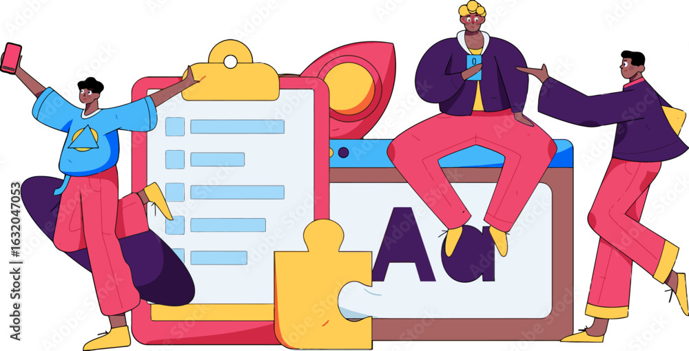 Poster dynamic team collaborating on a modern website design, utilizing a checklist and puzzle piece for a 