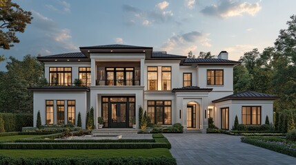 Obraz premium Luxurious waterfront mansion at dusk, landscaped gardens, twilight