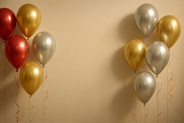 Festive balloons in shades of gold, silver, and red against a neutral background for a celebration