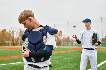 Two teenage boys showcase their baseball skills in a vibrant field during practice