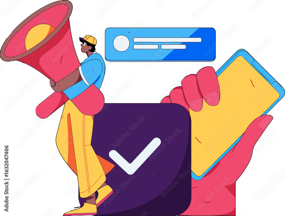 Poster get your message across with this vibrant illustration of a man using a megaphone and mobile phone t