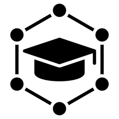 Education Network Glyph Black Silhouette Icon Design Vector - Graduation cap inside a connected node structure, representing educational network or e-learning