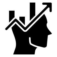 Growth Mindset Glyph Black Silhouette Icon Design Vector - Human head with upward graph bars, symbolizing personal development, learning, or mental growth