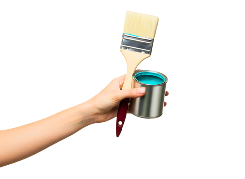 Hand holding paint brush over open can of yellow paint isolated on transparent background - Powered by Adobe