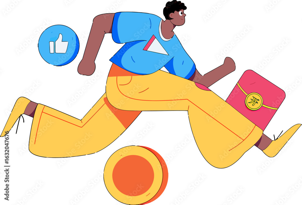 Poster dynamic cartoon character dashing with briefcase and social media like, symbolizing fast-paced busin