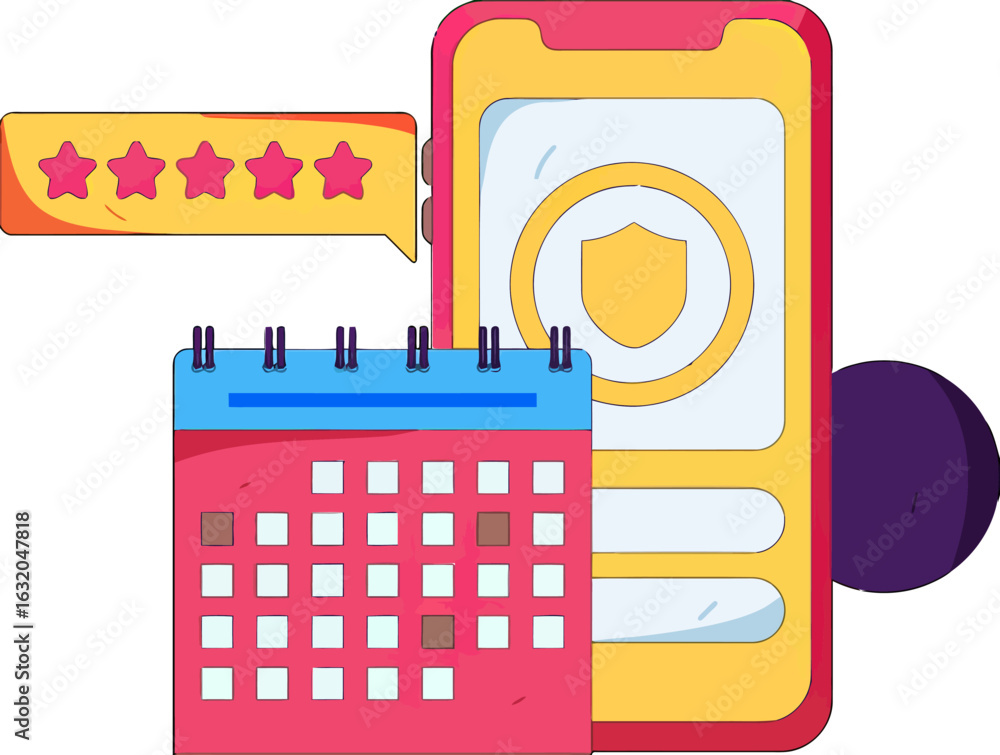 Poster modern phone app interface with a calendar and five star rating, perfect for showcasing time managem