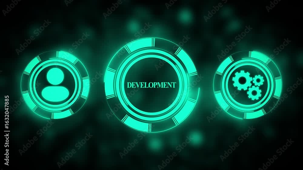 Poster futuristic development concept animation glowing neon icons representing teamwork progress and innov