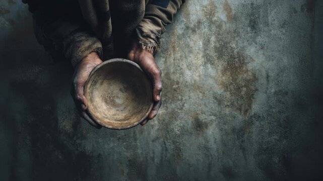 Desperate Hands Holding Empty Bowl Symbolizing Global Poverty Crisis