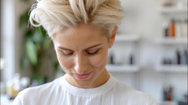 Hairdresser showing pixie haircut from behind, inside a luminous hair salon with shelves full of hair products