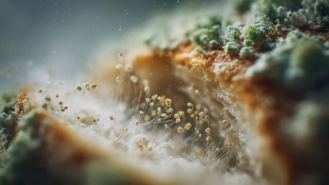 Macro Time-Lapse of Green Mold Growing on Bread Surface