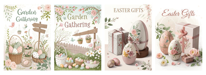 Set of four posters with Easter illustrations and floral designs