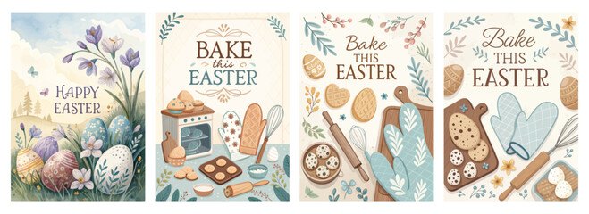 Set of four posters featuring Easter eggs and baking scenes