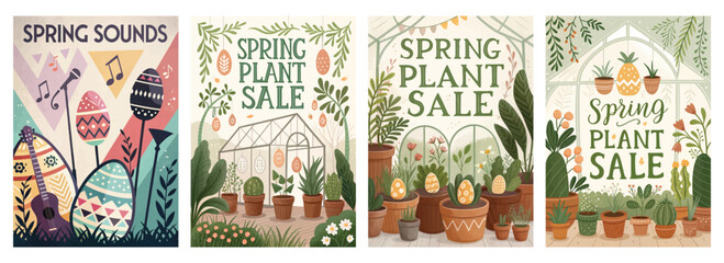 Set of four posters featuring spring plant sale and music event illustrations