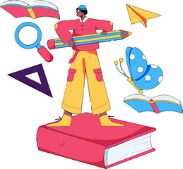 Inspiring student standing confidently on a book, ready for learning with pencil, butterfly, magnifying glass, paper airplane, geometry tool, and open textbooks surrounding, back to school