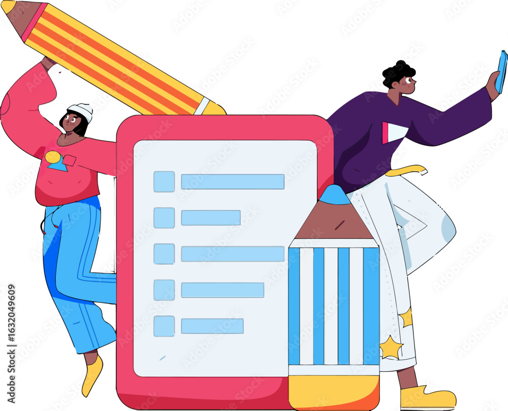 Poster dynamic duo collaborating on a digital checklist, creatively brainstorming with oversized pencils an