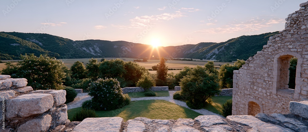 Poster stone building with a courtyard and a garden. the courtyard is surrounded by trees and has a stone p