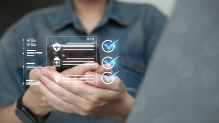 Close-up of hands using smartphone with health app interface, digital checklist, and medical icons. Concept of mobile healthcare, patient data management, and digital health technology solution.