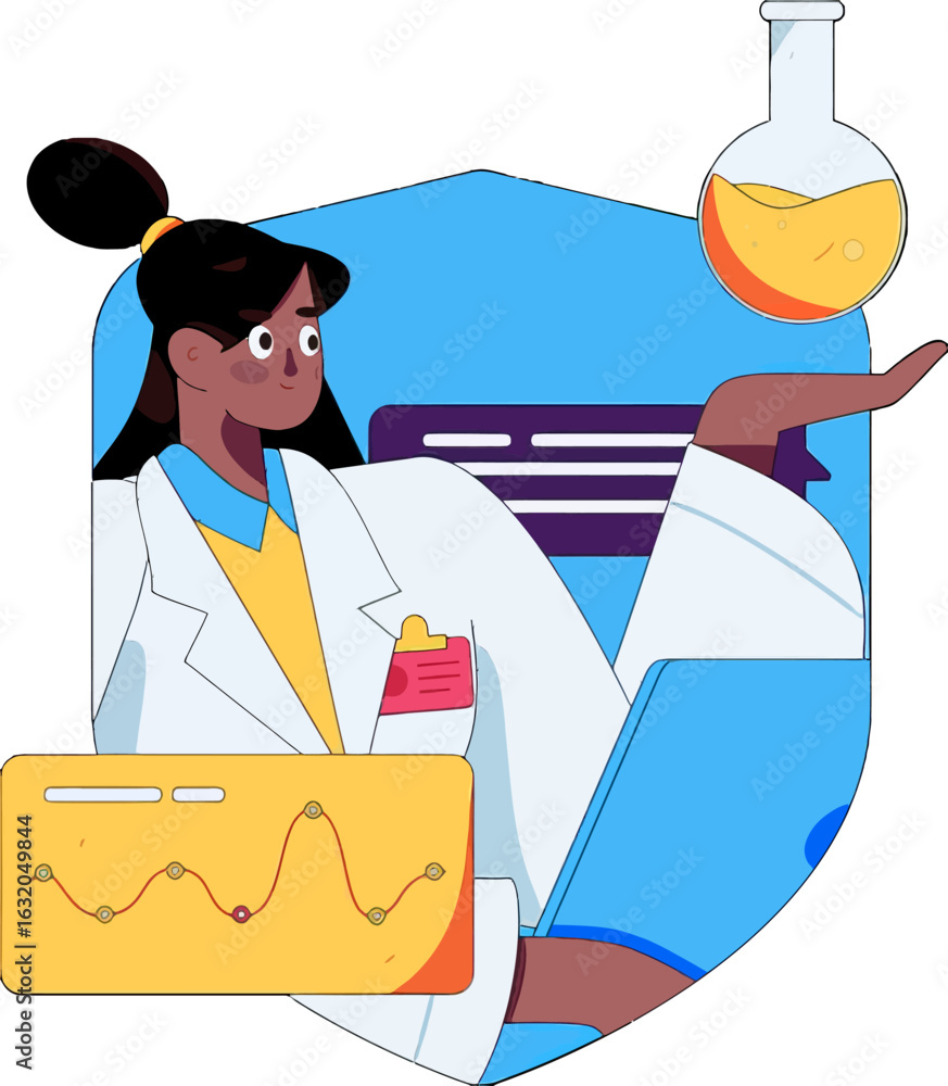 Aufkleber scientist analyzing data on screen with flask in lab, envisioning medical breakthroughs and innovati