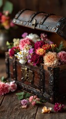 Colorful flowers overflowing from a vintage wooden treasure chest in a rustic setting