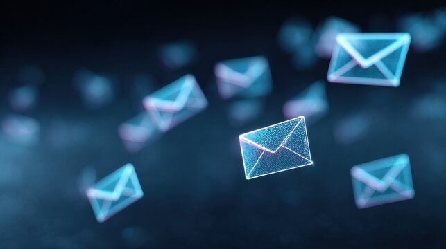 A series of blue and purple envelopes are flying through the air