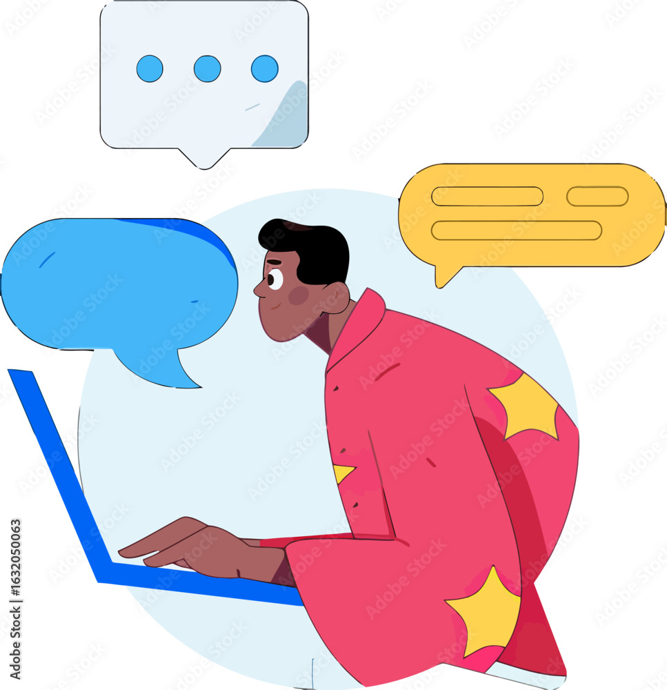 Poster engaging online communication with a friendly character using a laptop and chat bubbles, perfect for