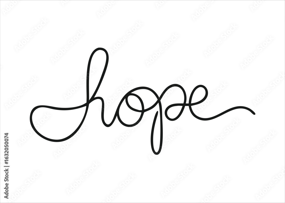 Poster a single continuous line drawing representing the word hope with a festive christmas theme in a clea