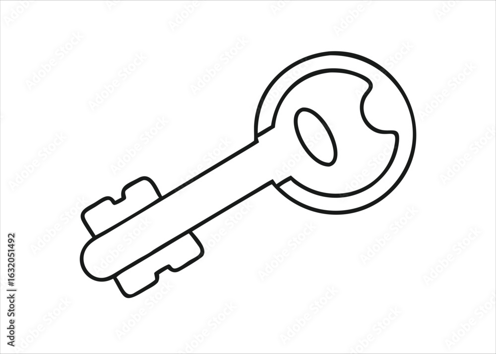 Poster classic old style continuous line art drawing of a single key isolated on white background