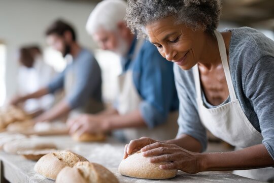 Diverse group of bakers creating pastries in a vibrant bakery setting