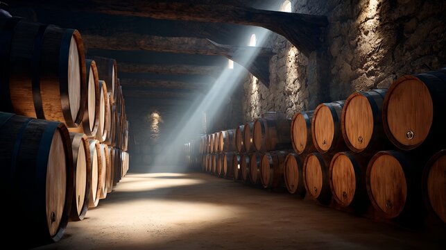 Row of wooden barrels are lined up in a room. The barrels are stacked on top of each other