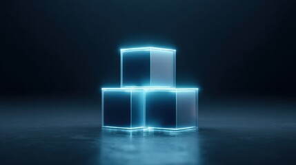 A stack of three cubes with a blue light shining on them