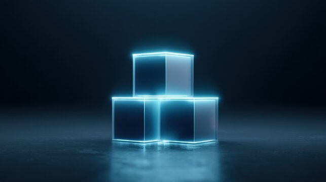 A stack of three cubes with a blue light shining on them - Powered by Adobe