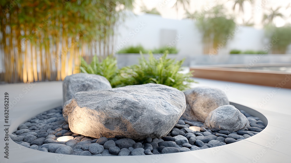 Aufkleber rock garden with a large rock in the center and smaller rocks surrounding it. there are also some pl