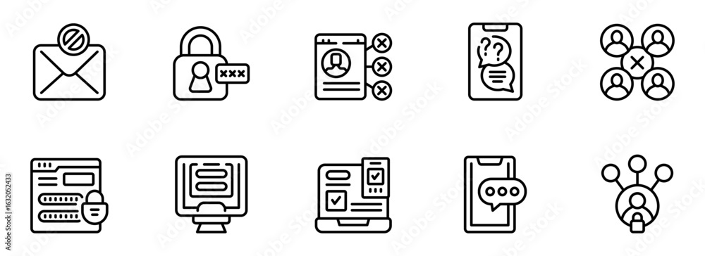 Poster cybersecurity icon set: modern line art graphics for data protection, privacy, and online security, 
