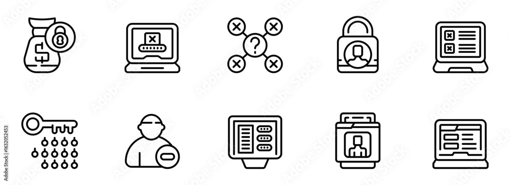 Poster cybersecurity icon set: modern line art graphics for data protection, privacy, and online security, 