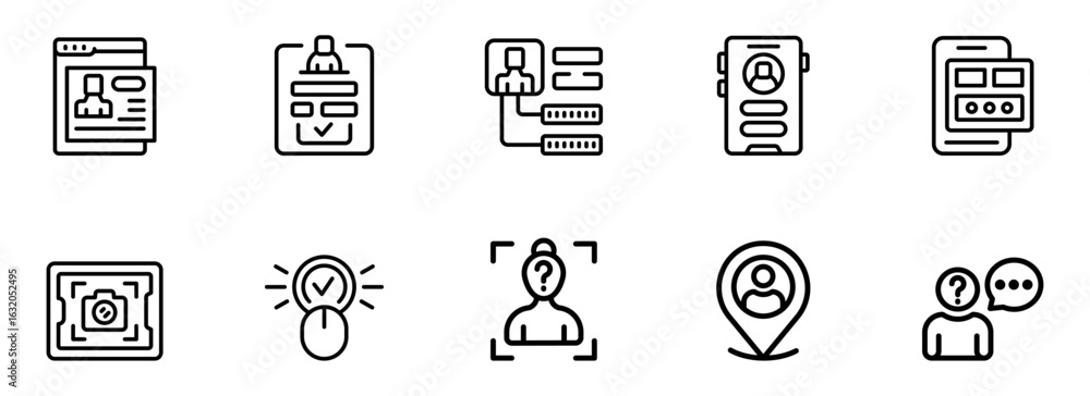 Poster modern minimalist line icons: user profile, data, identification, verification, and location trackin