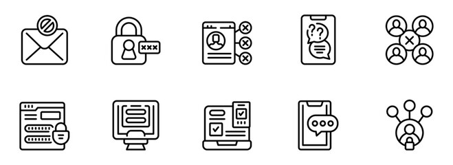 Cybersecurity Icon Set:  Modern Line Art Graphics for Data Protection, Privacy, and Online Security, Featuring User Authentication, Password Protection, and Network Connectivity Illustrations.