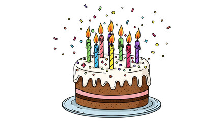 Cartoon Birthday Cake with Candles and Confetti on Black Background