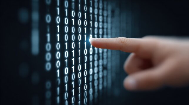 A hand is pointing at a series of binary numbers on a screen - Powered by Adobe