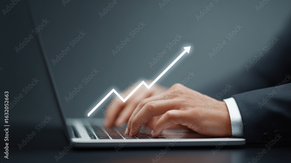 Aufkleber a man is typing on a laptop with a graph of a rising arrow on the screen