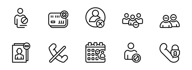 Account Deletion Icons:  Modern Line Art Graphics for Website, App, and UI Design, Depicting User Removal, Blocked Calls, Cancelled Appointments, and Payment Card Rejection.