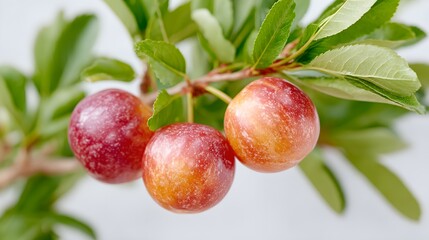 Three plums are hanging from a tree. The plums are red and yellow. The tree is green