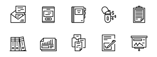 Modern Minimalist Black and White Line Icons:  Business Documents, Finance,  Organization, and Data Presentation Graphics for Website or App Design.