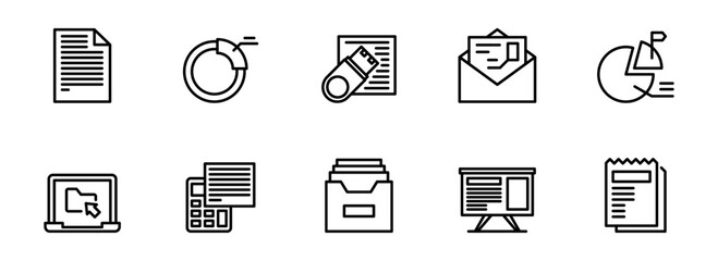 Modern Minimalist Line Icons: Data, Documents, Charts, and Business Communication Symbols for Website and App Design.
