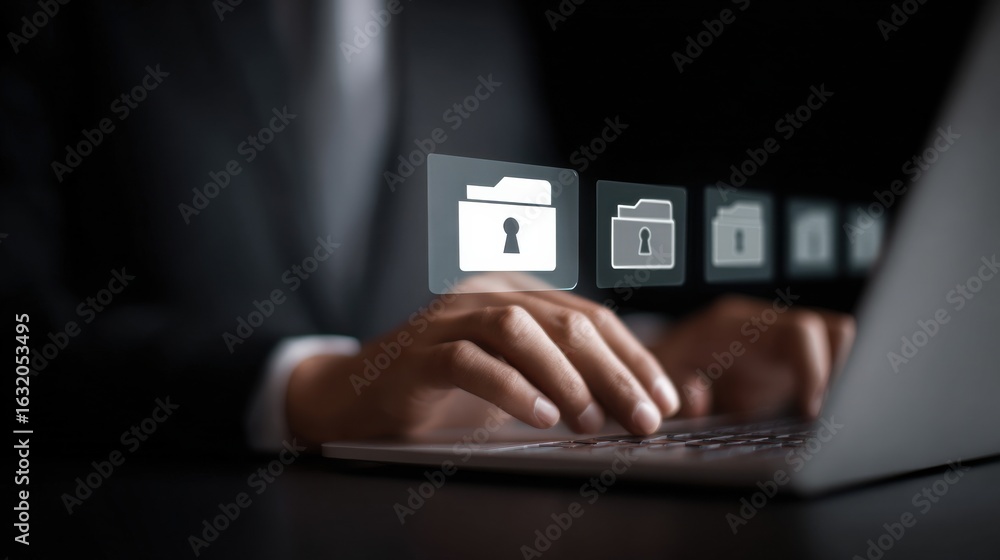 Poster a man is typing on a laptop with a file icon on the screen
