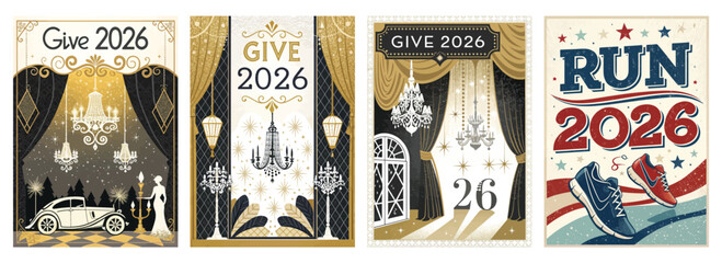 Set of four posters with vintage designs featuring Give and Run 2026