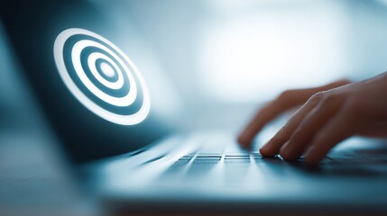 A person is typing on a laptop with a target on the screen