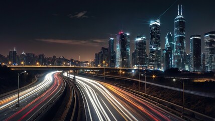 Fototapeta premium Night Cityscape with Light Trails on Highway